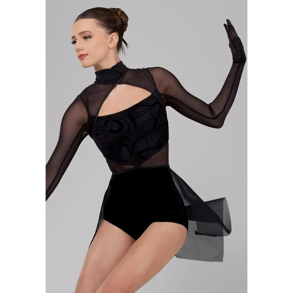 NWT Weissman Elite 15843 Unforgettable Gloved Black Dance Leotard, Size MC/IC.